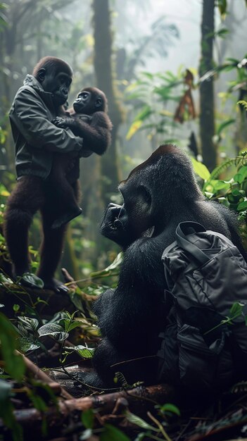 Photographer Capturing a Family of Gorillas in the Forest