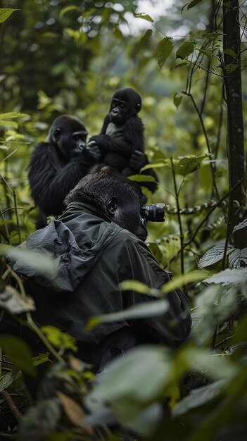 Photo photographer capturing a family of gorillas in the forest