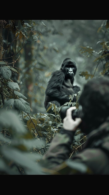 Photographer Capturing a Family of Gorillas in the Forest