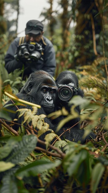 Photo photographer capturing a family of gorillas in the forest