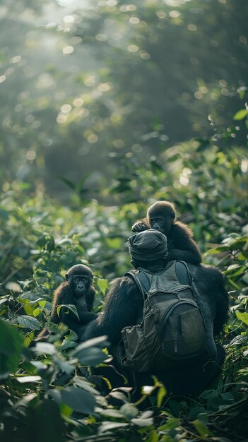 Photo photographer capturing a family of gorillas in the forest