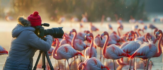 Photo photographer capturing flamingos in a vibrant lagoon