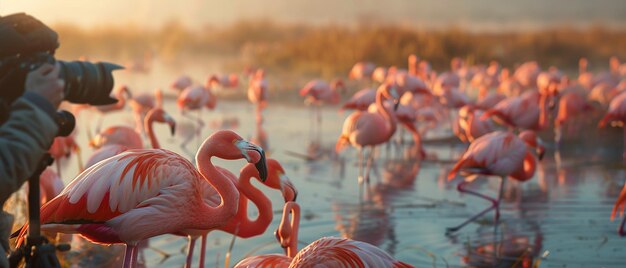 Photographer Capturing Flamingos in a Vibrant Lagoon