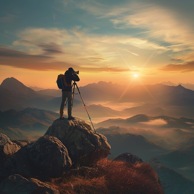 Photographer Capturing Landscape with Tripod