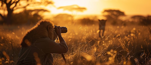 Photo photographer capturing a lion in the savannah