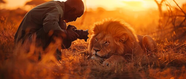 Photo photographer capturing a lion in the savannah