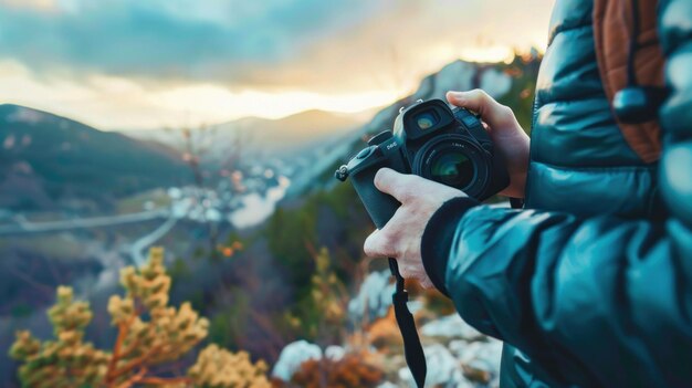 Photo photographer capturing mountain landscape