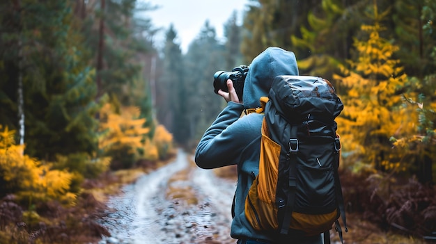 Photo photographer capturing natures beauty in autumn forest