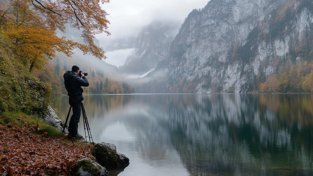 Photo photographer capturing the serenity of a misty mountain lake