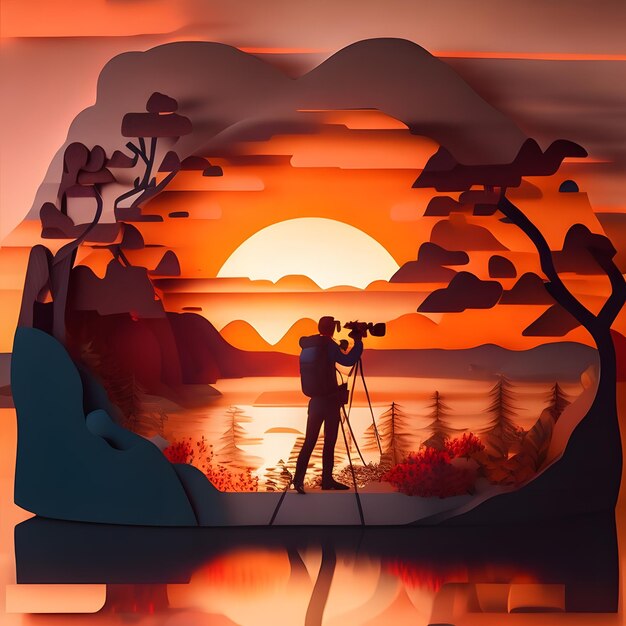 a photographer capturing a stunning sunset at a scenic location paper art style ai generated