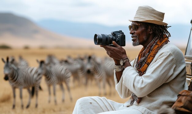 Photo photographer capturing zebras in the african savanna