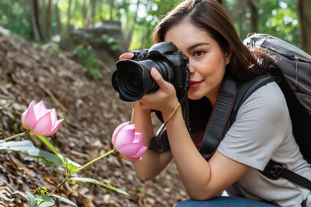 A photographer crouched low to capture a closeup of a delicate flower