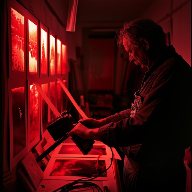 Photographer Developing Film in Darkroom Under Red Light