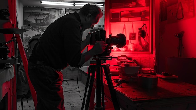 Photo photographer developing film in darkroom under red light