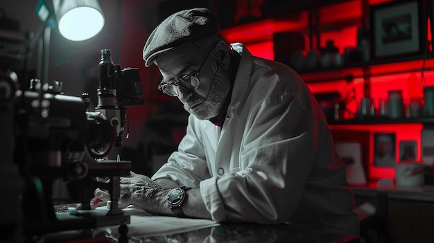 Photographer Developing Film in Darkroom Under Red Light