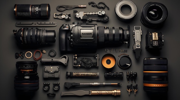 Photographer equipment on black background Top view Flat lay