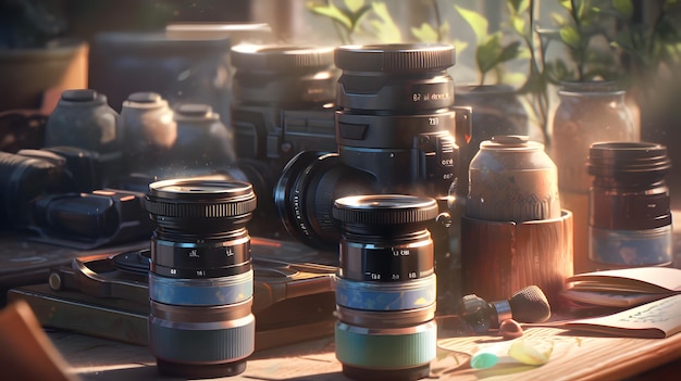 Photographer equipment on the table Selective focus nature