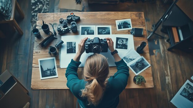 Photo a photographer evaluating prints and preparing equipment on a wooden table in a cozy workspace surrounded by vintage cameras and film prints