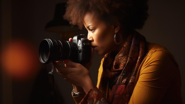 Photographer Female AfricanAmerican Middle Age Taking pictures at a fashion shoot in Studio Generative AI AIG22