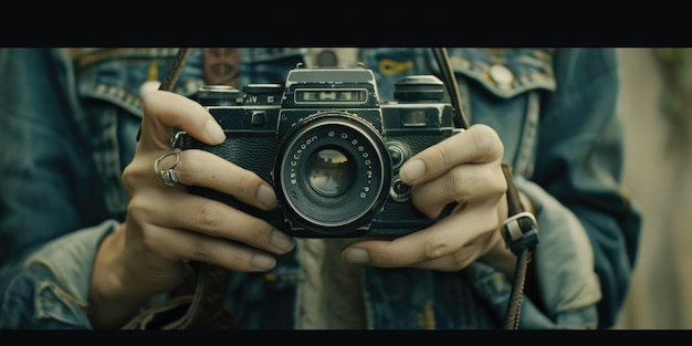 Photo a photographer holds a vintage camera close up focusing on the intricate details of the device aig62