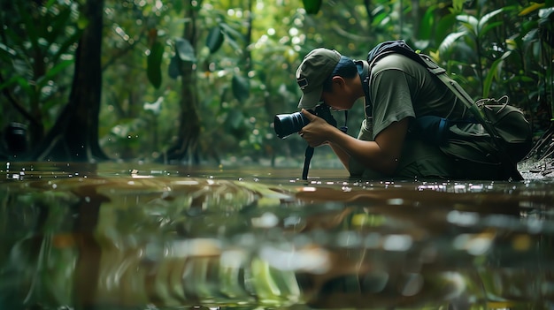 A photographer kneeling in a stream taking a photo