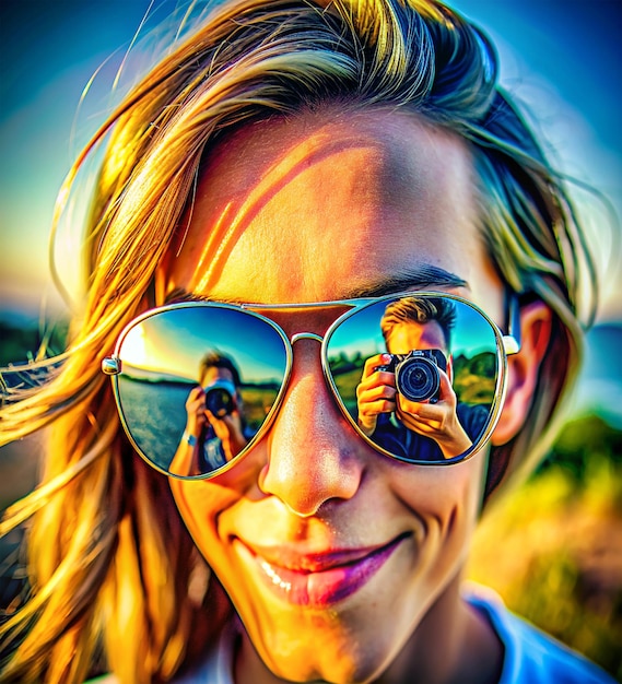 Photographer reflected in mirrored lens of woman with sunglasses