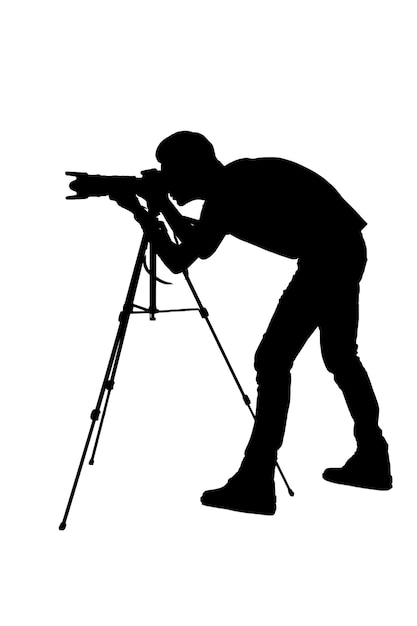 Photographer shooting. Side view silhouette of man using tripod while shooting and standing isolated on white