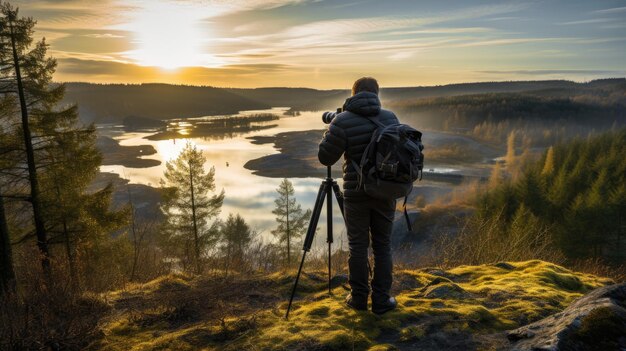 A photographer shoots landscapes with a tripod