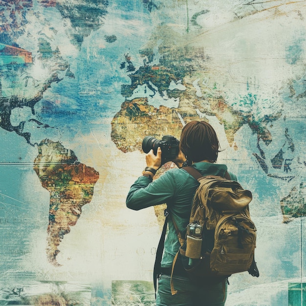 Photographer standing in front of a world map taking a picture