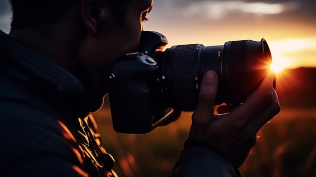 A photographer takes a picture of the sunset.