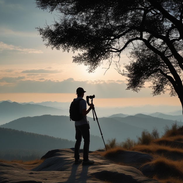 Photographer taking pictures on mountain view with silhouette