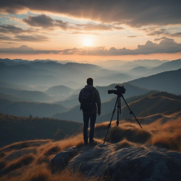 Photographer taking pictures on mountain view with silhouette