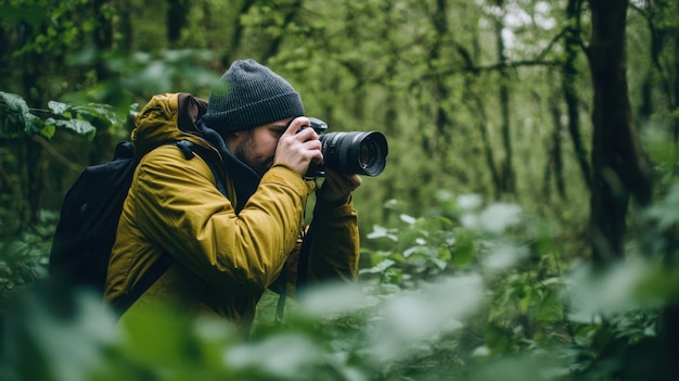 Photo photographer taking pictures of wildlife in a dense forest