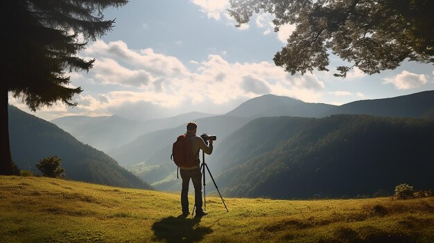 Photographer on top of mountain and take a shoot of beautiful nature landscape