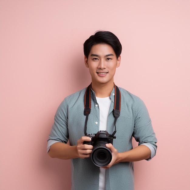 photographer with camera on pastel wall