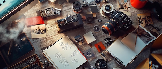 Photo photographers workspace with creative chaos