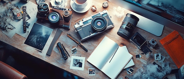 Photo photographers workspace with creative chaos