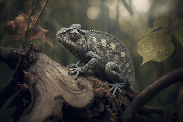 Photographic detail of a chameleon in the woods