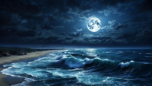 A photographic illustration of a beautiful midnight blue ocean moonrise along the coast with dramati