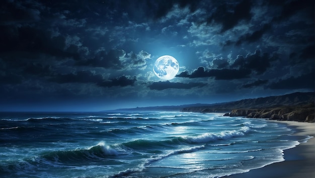 A photographic illustration of a beautiful midnight blue ocean moonrise along the coast with dramati