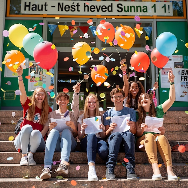 Photo a photographic portrait of students sitting on the school steps showing their report cards with b