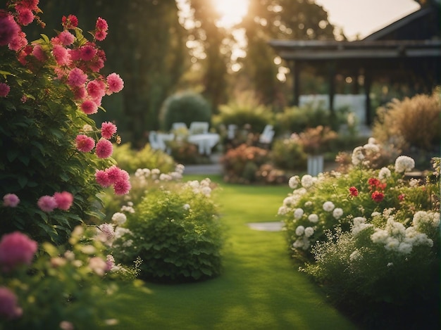 Photographic scenery of beautiful garden with beautiful flowers in the background