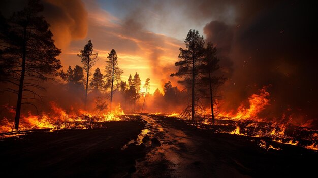 Photographs of a forest fire trees on fire fire and smokexA