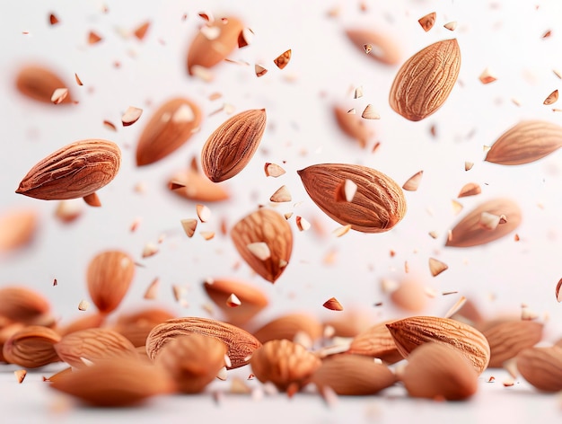 photography of ALMONDS falling from the sky hyperpop colour scheme glossy white background Set of delicious almonds isolated on white background