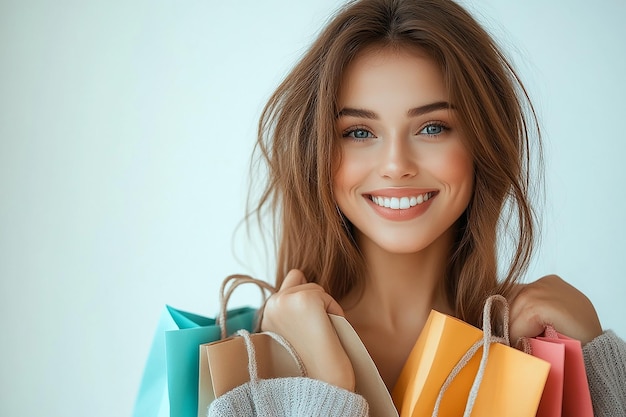 Photo photography of beautiful young happy woman with shopping bags