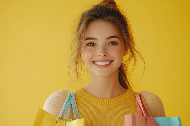 Photo photography of beautiful young happy woman with shopping bags