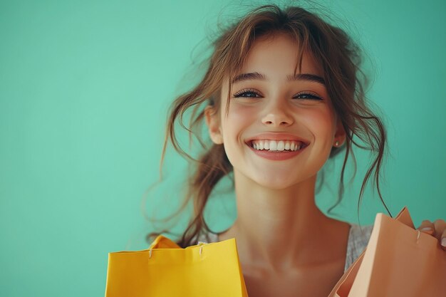 Photo photography of beautiful young happy woman with shopping bags