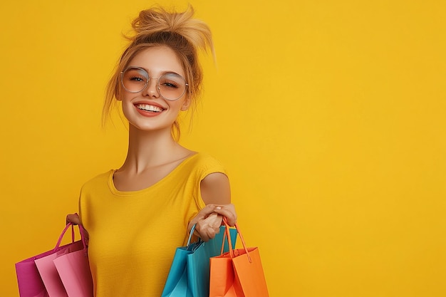 Photo photography of beautiful young happy woman with shopping bags