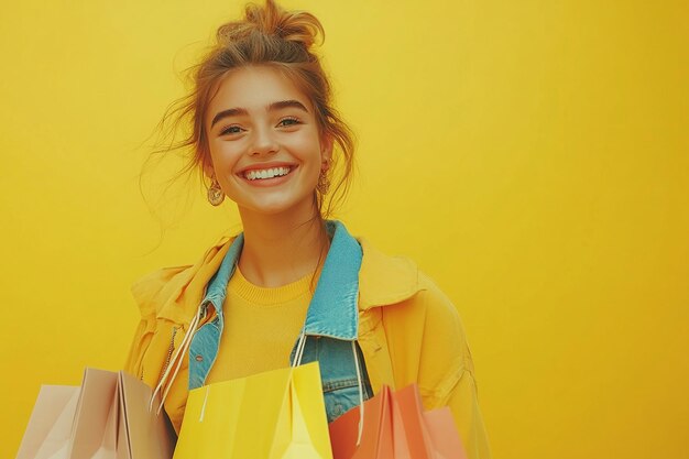 Photo photography of beautiful young happy woman with shopping bags