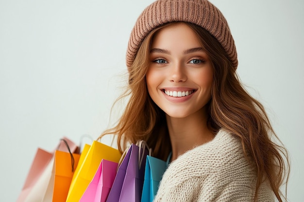 Photo photography of beautiful young happy woman with shopping bags